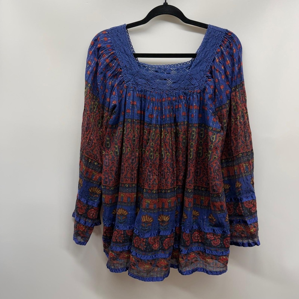 Vintage Marisol Boho Flowy Peasant Floral Crochet‎ Tunic Top Medium Bell Sleeves